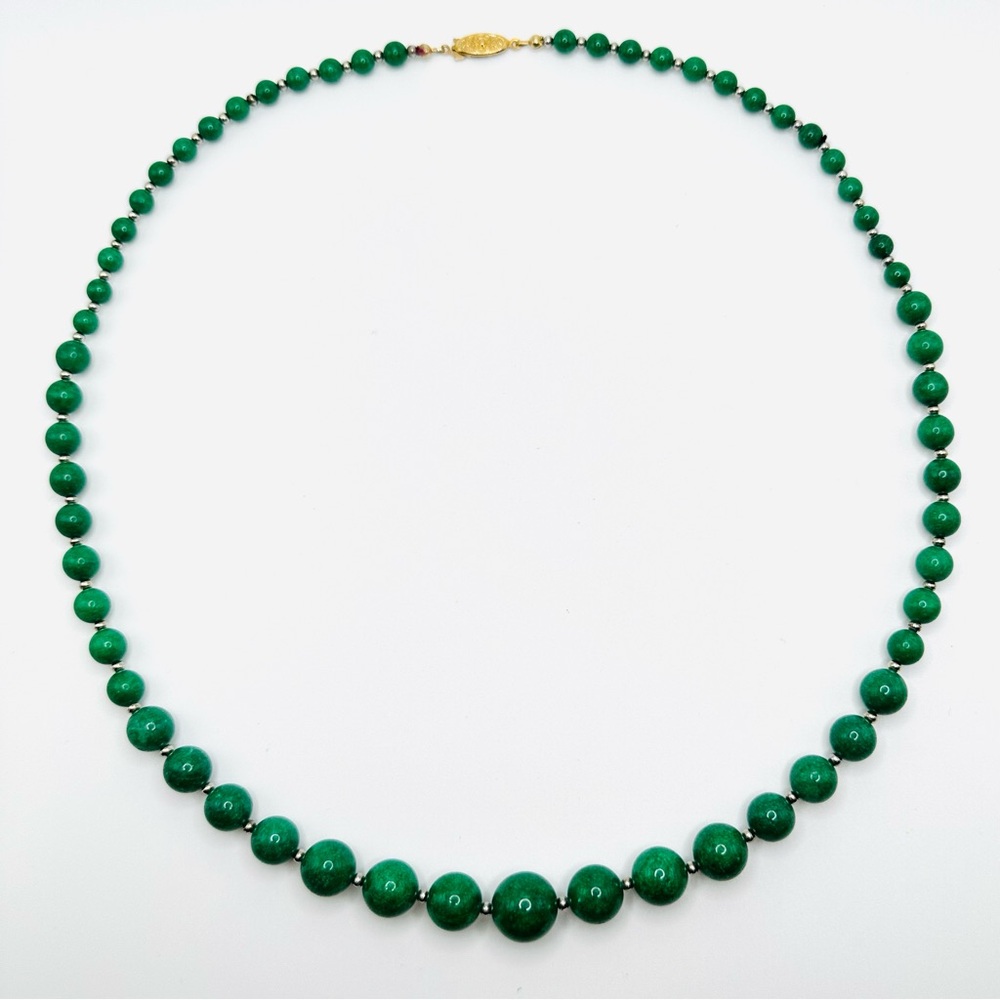 Vintage Mid Century Green Ceramic Graduated Bead Necklace with Silver Tone 24”